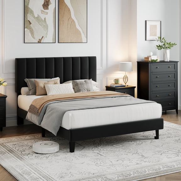No Box Spring Platform Bed with Adjustable Headboard – 10 Reinforced Slats, Noise-Free Design, Linen Fabric, 1000 lb Weight Capacity- Full Size, Black