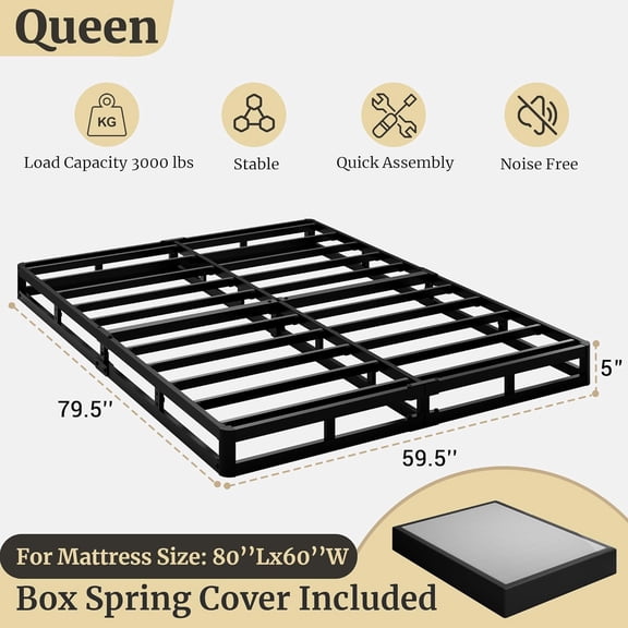 Box Spring for Queen Bed, 5 Inch Low  Queen Box Spring Only Bed Base, Heavy Duty Metal Frame Mattress Foundation with Fabric Cover, Easy Assembly-Noise Free
