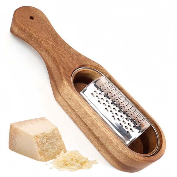 SYGELER Box Style Cheese Grater with Removable Acacia Wood Collector, Stainless Steel Blade
