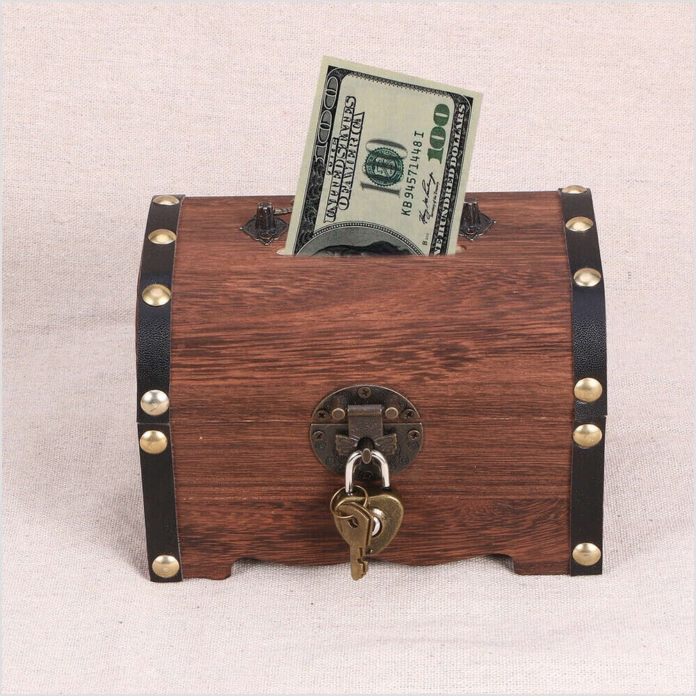 Box Treasure Bank Piggy Storage Wooden Coin Lock Money Vintage Saving