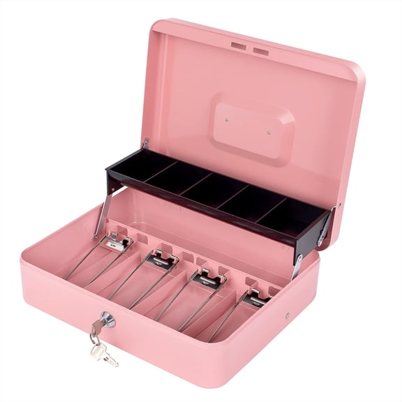 Box With Money Tray And Lock Metal For Register Large Safe Includes 5 Slots 4 Bill 4 Keys 11.8" X 9.4" 3.54" Pink
