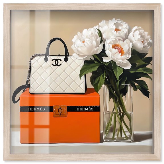 Box and Purse Still Life Shadowbox Print Fashion Floral Art by Art Remedy, Blonde Frame, 12 x 12