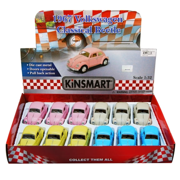 Box of 12 1967 Volkswagen Classical Beetle Hard Top, ASSTD - Kinsmart 5375D - 1/32 Scale Diecast Model Cars