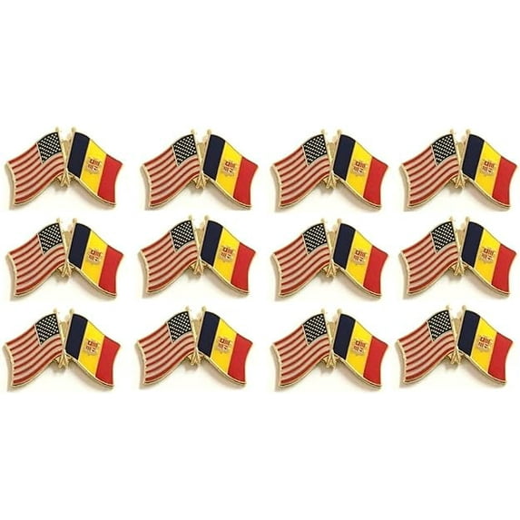 Box of 12 Andorra & US Crossed Flag Lapel Pins, Country & American Double Friendship Tie & Hat Pin Badges