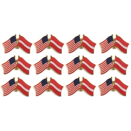 Box of 12 Austria & US Crossed Flag Lapel Pins, Austrian & American Double Friendship Pin Badge