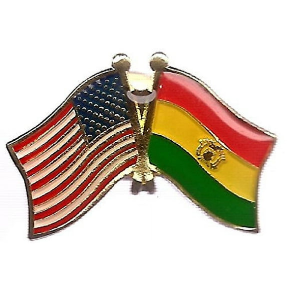 Box of 12 Bolivia & US Crossed Flag Lapel Pins, Bolivian & American Double Friendship Pin Badge