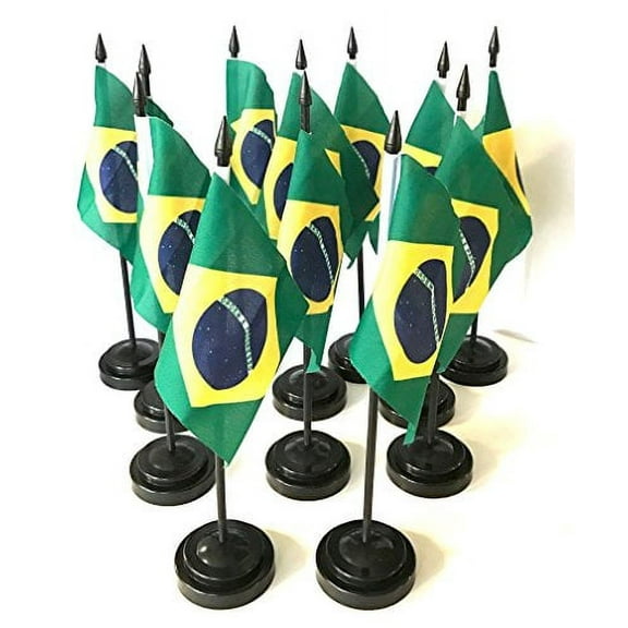 Box of 12 Brazil 4"x6" Miniature Desk & Table Flags with 12 One Hole Flag Stands, Brazilian Small Mini Stick Flags