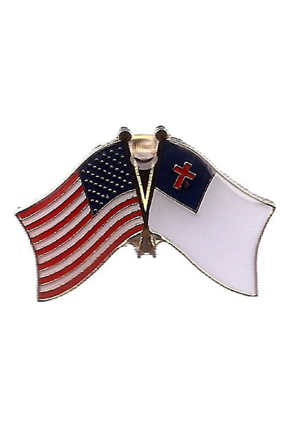 Box of 12 Christian & US Crossed Flag Lapel Pins, Christian & American Double Friendship Pin Badge