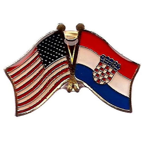 Box of 12 Croatia & US Crossed Flag Lapel Pins, Croatian & American Double Friendship Pin Badge