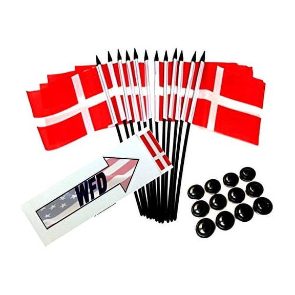 Box of 12 Denmark 4"x6" Polyester Miniature Desk & Little Table Flags, 4x6 Danish Small Mini Hand Waving Stick Flags with 12 Flag Bases (Stands)