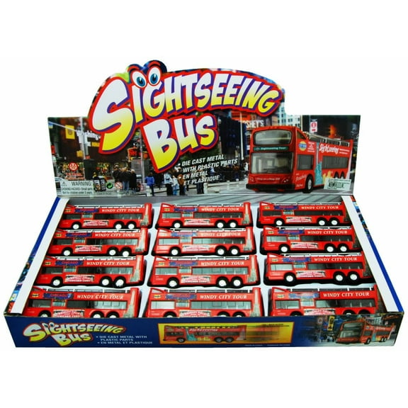 Box of 12 Diecast Model Cars - Chicago Sightseeing Double Decker Bus Open Top, Red, 6 Inch Scale