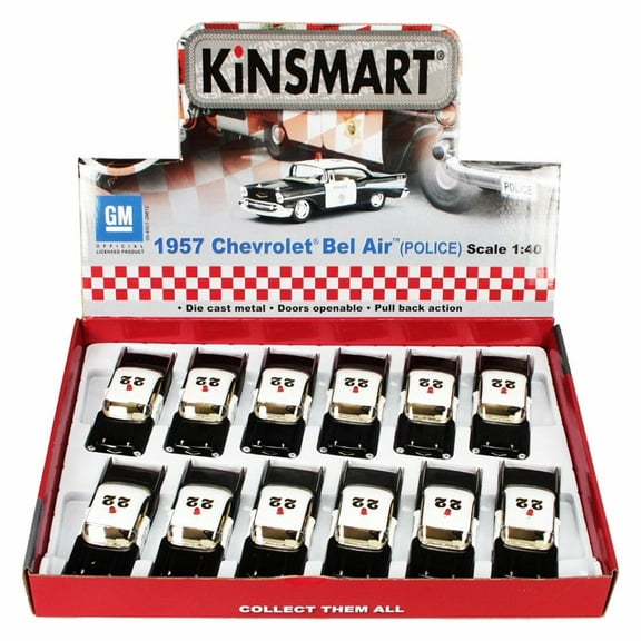 Box of 12 Diecast Model Toy Cars - 1957 Chevy Bel Air Police Car, 1/40 Scale