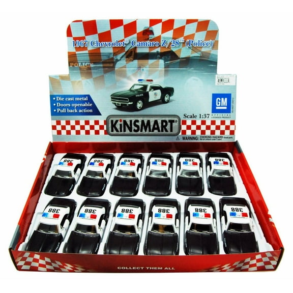 Box of 12 Diecast Model Toy Cars - 1967 Chevy Camaro Z/28 Police Car, 1/37 Scale