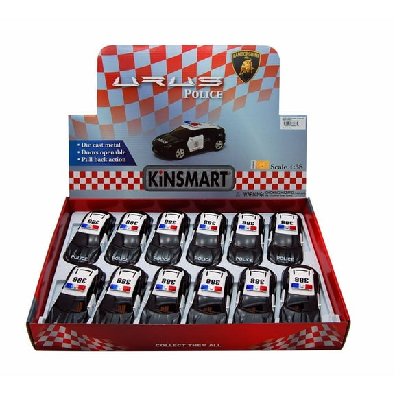 Box of 12 Diecast Model Toy Cars - Lamborghini Urus Police Car, 1/38 Scale