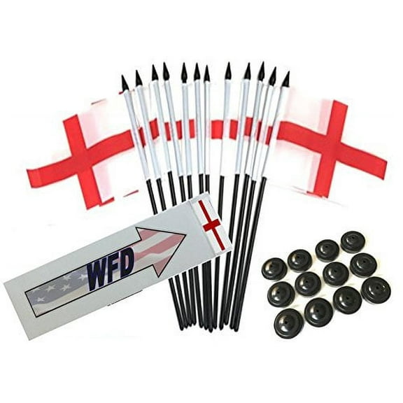 Box of 12 England 4"x6" Polyester Miniature Desk & Little Table Flags, 4x6 English Small Mini Hand Waving Stick Flags with 12 Flag Bases (Stands)