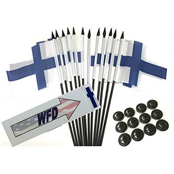 Box of 12 Finland 4"x6" Polyester Miniature Desk & Little Table Flags, 4x6 Finnish Small Mini Hand Waving Stick Flags with 12 Flag Bases (Stands)