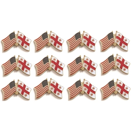 Box of 12 Georgia Republic & US Crossed Flag Lapel Pins, Georgia Republic & American Double Friendship Pin Badge