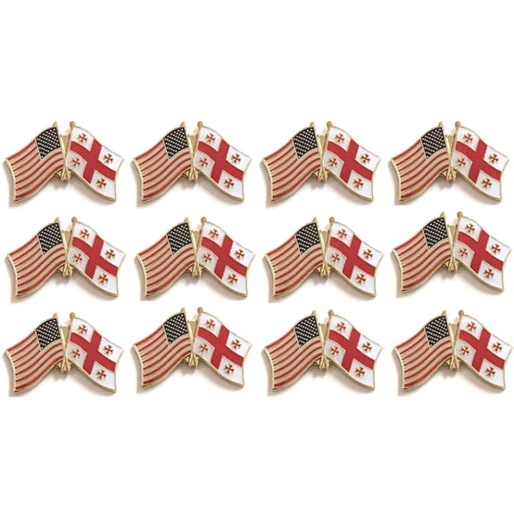 Box of 12 Georgia Republic & US Crossed Flag Lapel Pins, Georgia Republic & American Double Friendship Pin Badge