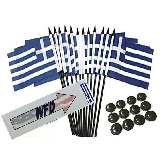 Box of 12 Greece 4"x6" Polyester Miniature Desk & Little Table Flags, 4x6 Greek Small Mini Hand Waving Stick Flags with 12 Flag Bases (Stands)