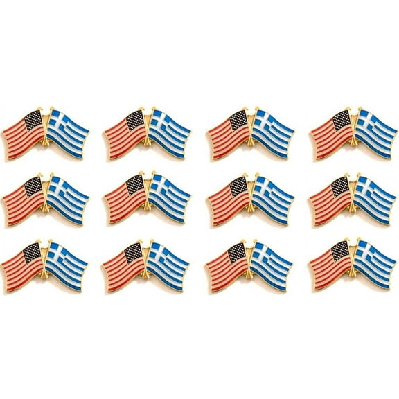 Box of 12 Greece & US Crossed Flag Lapel Pins, Greek & American Double Friendship Pin Badge
