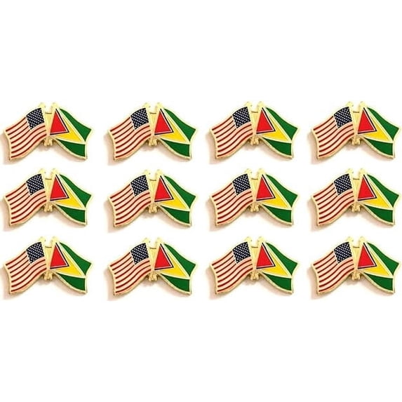 Box of 12 Guyana & US Crossed Flag Lapel Pins, Country & American Double Friendship Tie & Hat Pin Badges