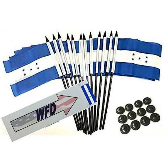 Box of 12 Honduras 4"x6" Polyester Miniature Desk & Little Table Flags, 4x6 Honduran Small Mini Hand Waving Stick Flags with 12 Flag Bases (Stands)