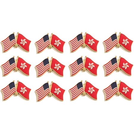 Box of 12 Hong Kong & US Crossed Flag Lapel Pins, Hong Kong & American Double Friendship Pin Badge