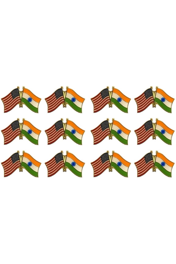 Box of 12 India & US Crossed Flag Lapel Pins, Indian & American Double Friendship Pin Badge