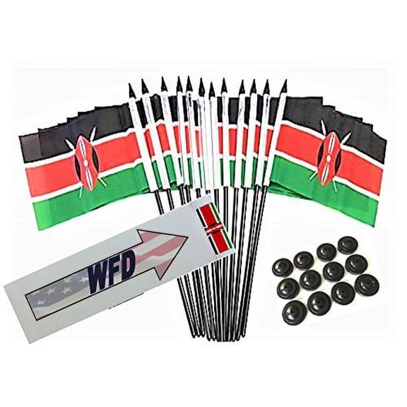 Box of 12 Kenya 4"x6" Polyester Miniature Desk & Little Table Flags, 4x6 Kenyan Small Mini Hand Waving Stick Flags with 12 Flag Bases (Stands)