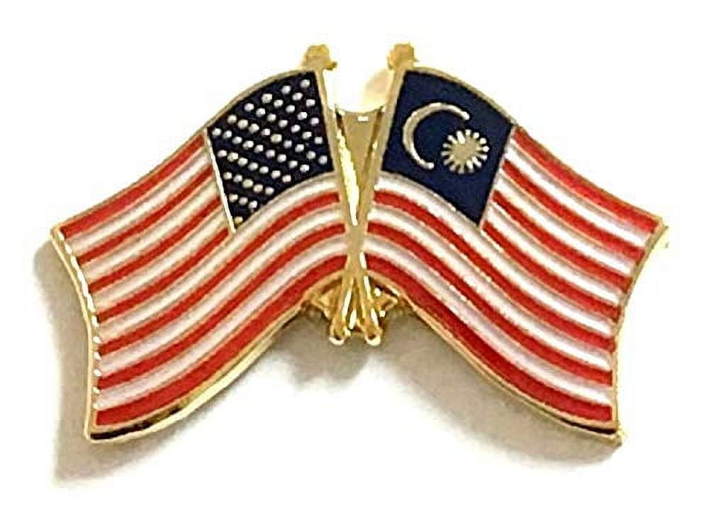 Box of 12 Malaysia & US Crossed Flag Lapel Pins, Malaysian & American
