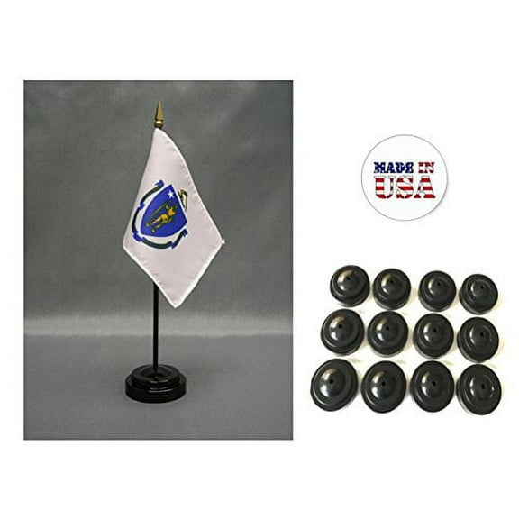 Box of 12 Massachusetts 4"x6" Miniature Desk & Table Flags Includes 12 Flag Stands & 12 Mass State Small Mini Stick Flags