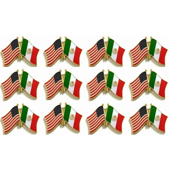 Box of 12 Mexico & US Crossed Flag Lapel Pins, Mexican & American Double Friendship Pin Badge