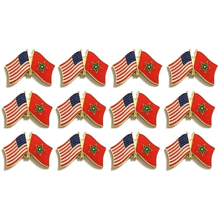 Box of 12 Morocco & US Crossed Flag Lapel Pins, Moroccan & American Double Friendship Pin Badge