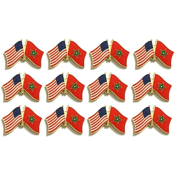 Box of 12 Morocco & US Crossed Flag Lapel Pins, Moroccan & American Double Friendship Pin Badge