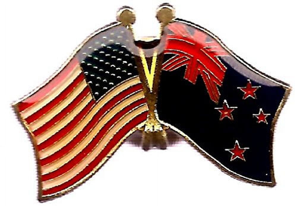 Box of 12 New Zealand & US Crossed Flag Lapel Pins, Kiwi & American
