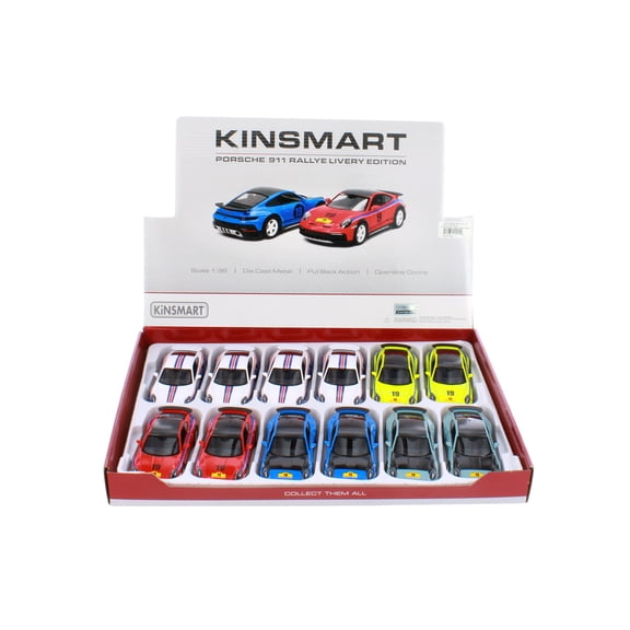 Box of 12 Porsche 911 Rallye Livery Edition, ASSTD - Kinsmart 5467DF/AB - 1/38 Scale Diecast Model Cars