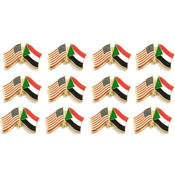 Box of 12 Sudan & US Crossed Flag Lapel Pins, Sudanese & American Double Friendship Pin Badge
