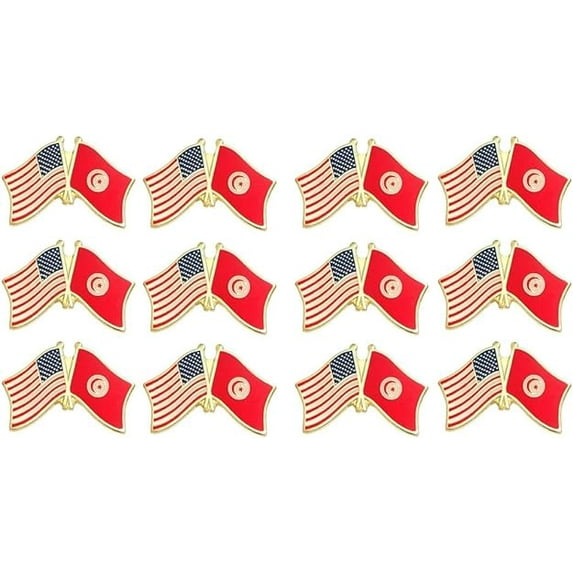 Box of 12 Tunisia & US Crossed Flag Lapel Pins, Country & American Double Friendship Tie & Hat Pin Badges