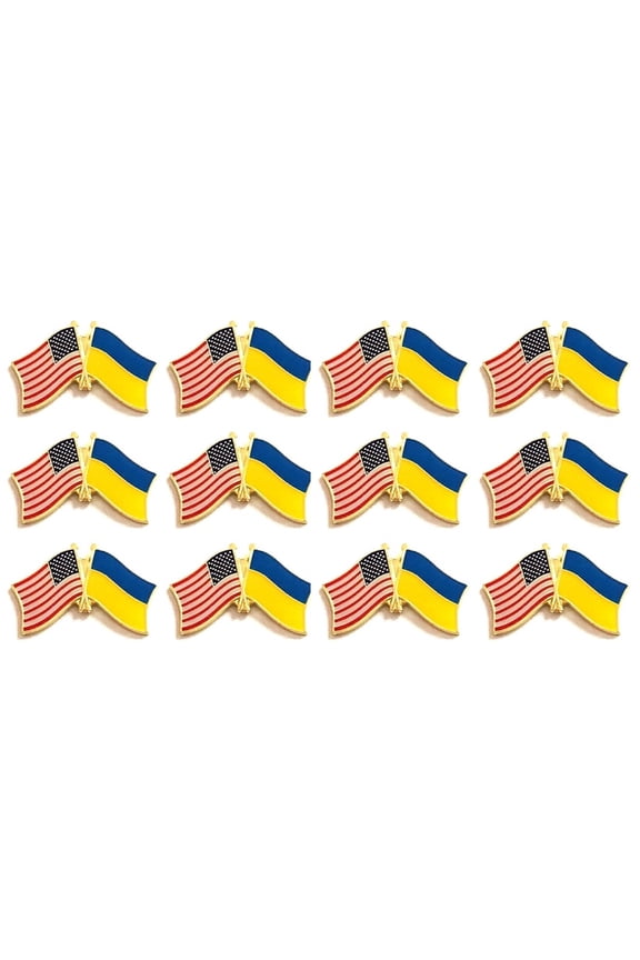 Box of 12 Ukraine & US Crossed Flag Lapel Pins, Ukrainian & American Double Friendship Pin Badge