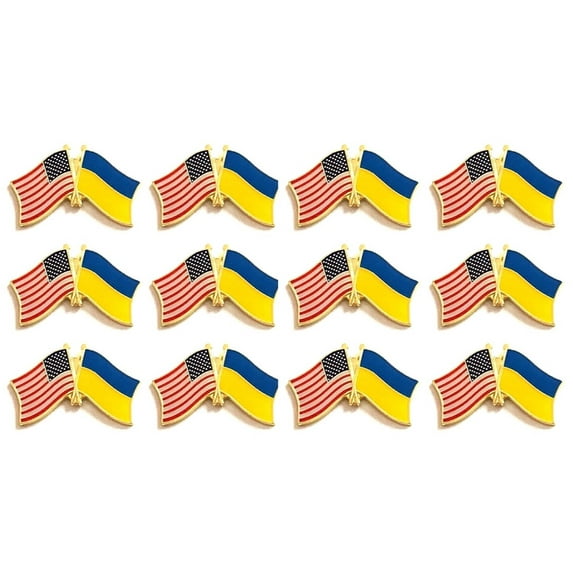 Box of 12 Ukraine & US Crossed Flag Lapel Pins, Ukrainian & American Double Friendship Pin Badge