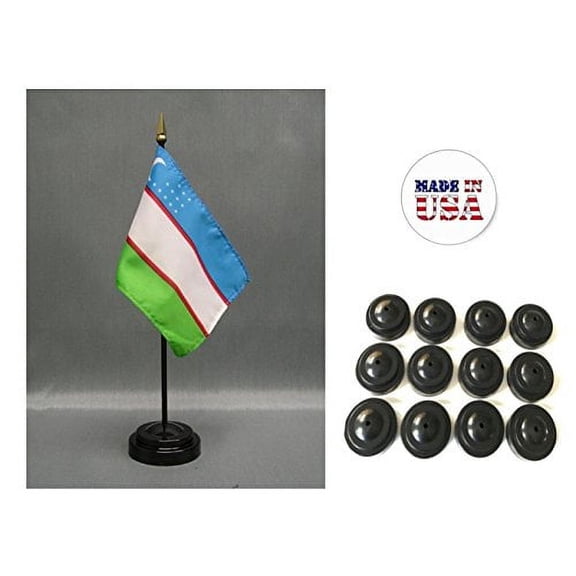 Box of 12 Uzbekistan 4"x6" Miniature Desk & Table Flags Includes 12 Flag Stands & 12 Uzbek Small Mini Stick Flags