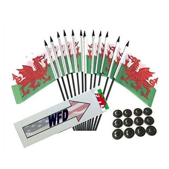 Box of 12 Wales 4"x6" Polyester Miniature Office Desk & Little Table Flags, 4x6 Welsh Small Mini Hand Waving Stick Flags with 12 Flag Bases (Stands)