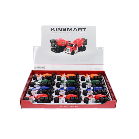 Box of 12 Western Star 47X Concrete Mixer Truck, ASSTD - Kinsmart 11001D - 1/66 Scale Diecast Model Cars