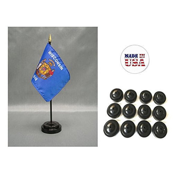 Box of 12 Wisconsin 4"x6" Miniature Desk & Table Flags Includes 12 Flag Stands & 12 Wisconsin State Small Mini Stick Flags