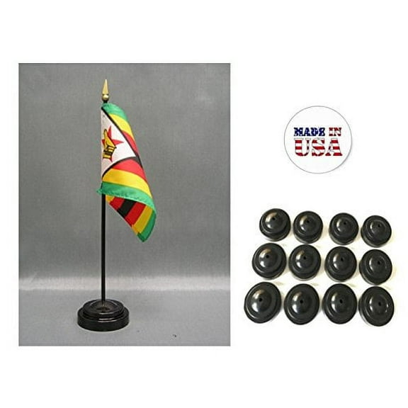 Box of 12 Zimbabwe 4"x6" Miniature Desk & Table Flags Includes 12 Flag Stands & 12 Zimbabwean Small Mini Stick Flags