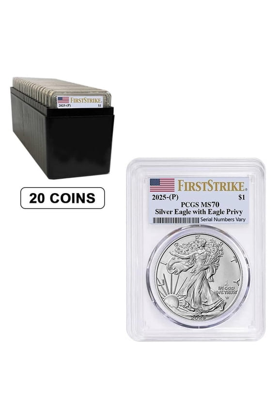 Box of 20 - 2025 Eagle Privy 1 oz Silver American Eagle PCGS MS 70 FS (Flag)