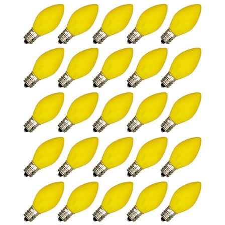 Box of 25 Light Bulbs -C7, Steady Burning - Opaque Yellow - 5 Watt - Candelabra Base -Great for Night Lights, Decorative Lights and Christmas Strings