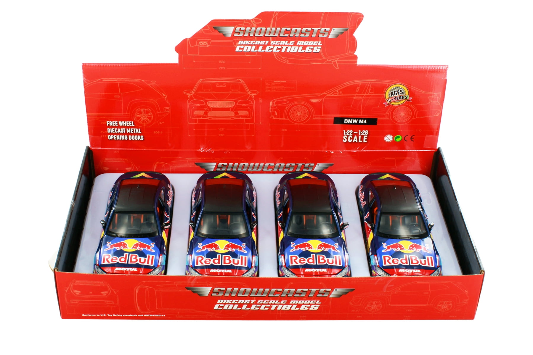 Box of 4 BMW M4 (G82) w/Red Bull Racing Livery, Dark Blue - Showcasts 68292D - 1/23 Scale Diecast Model Cars