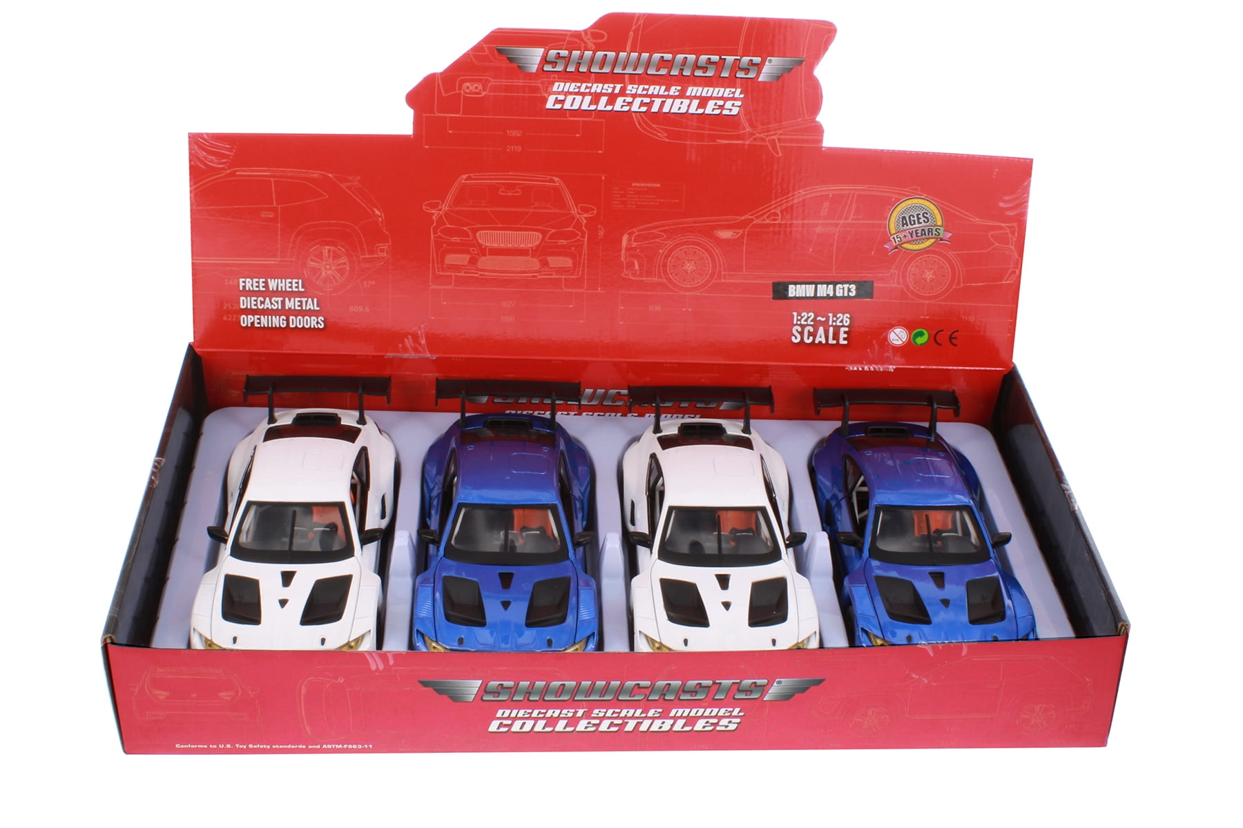 Box of 4 BMW M4 GT3 Sports Car Assortment - Showcasts 68277D - 1/24 Scale Diecast Model Cars