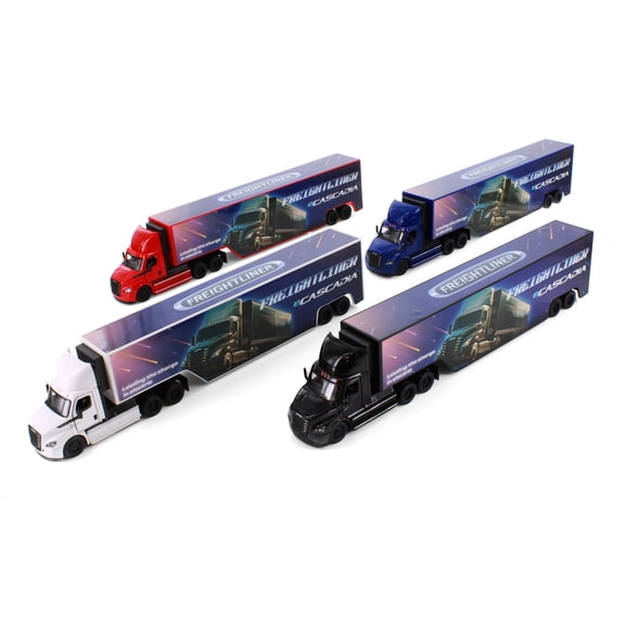 Box of 4 Freightliner eCascadia with Container, Assortment - Kinsmart 1303D - 1/60 Scale Diecast Model Cars